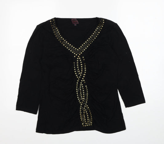 Colour Works Womens Black Viscose Basic T-Shirt Size M V-Neck