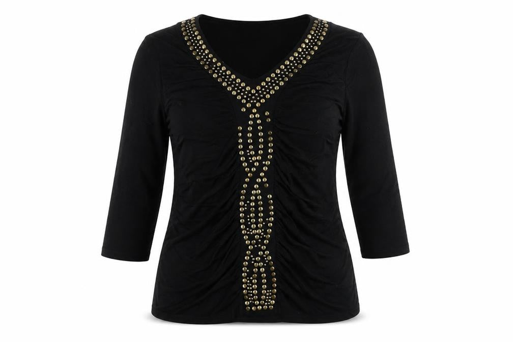 Colour Works Womens Black Viscose Basic T-Shirt Size M V-Neck