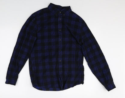 Marks & Spencer Mens Blue Check Cotton Button-Up Size S Collared Button