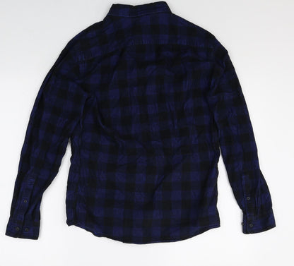 Marks & Spencer Mens Blue Check Cotton Button-Up Size S Collared Button