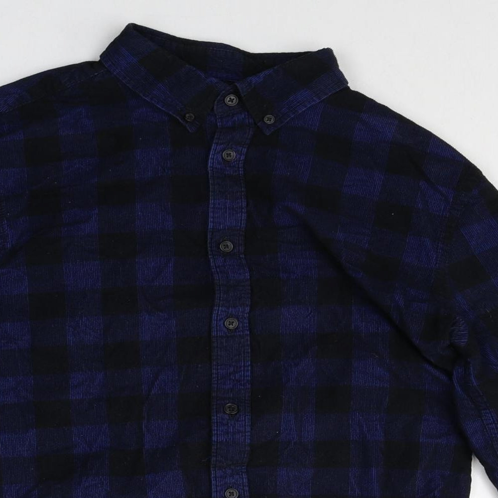 Marks and Spencer Mens Blue Check Cotton Button-Up Size S Collared Button