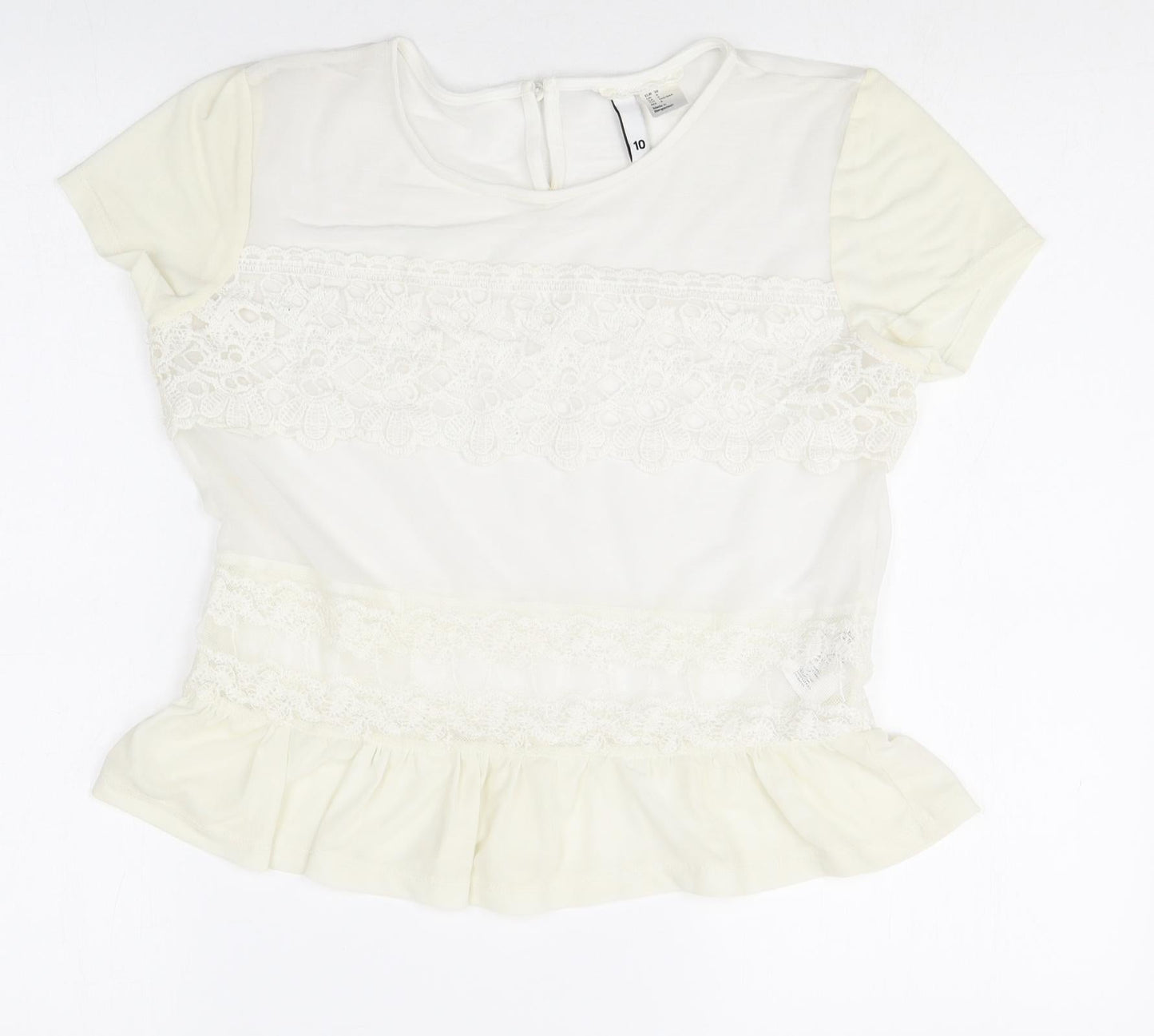 Divided Womens Ivory Cotton Basic T-Shirt Size 10 Round Neck - Lace Detail