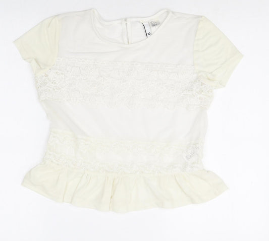 Divided Womens Ivory Cotton Basic T-Shirt Size 10 Round Neck - Lace Detail