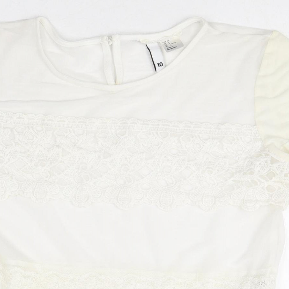 Divided Womens Ivory Cotton Basic T-Shirt Size 10 Round Neck - Lace Detail