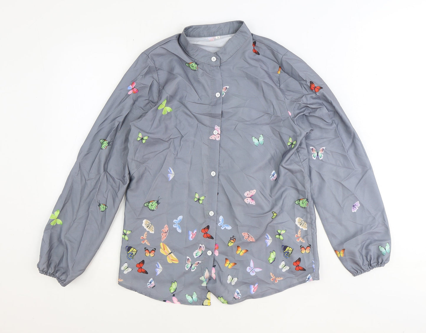 Preworn Womens Grey Geometric Polyester Basic Button-Up Size S Round Neck - Butterfly