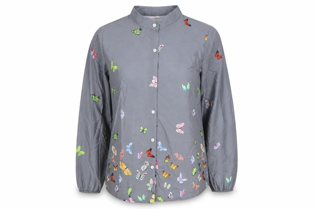 Preworn Womens Grey Geometric Polyester Basic Button-Up Size S Round Neck - Butterfly