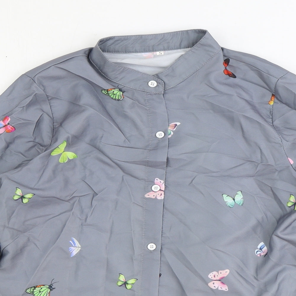 Preworn Womens Grey Geometric Polyester Basic Button-Up Size S Round Neck - Butterfly