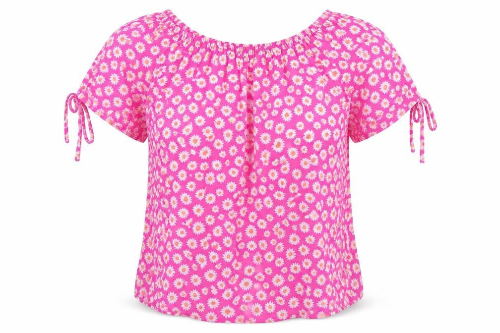 Moda Womens Pink Floral Cotton Basic Blouse Size 6 Round Neck