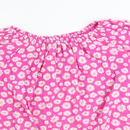 Moda Womens Pink Floral Cotton Basic Blouse Size 6 Round Neck