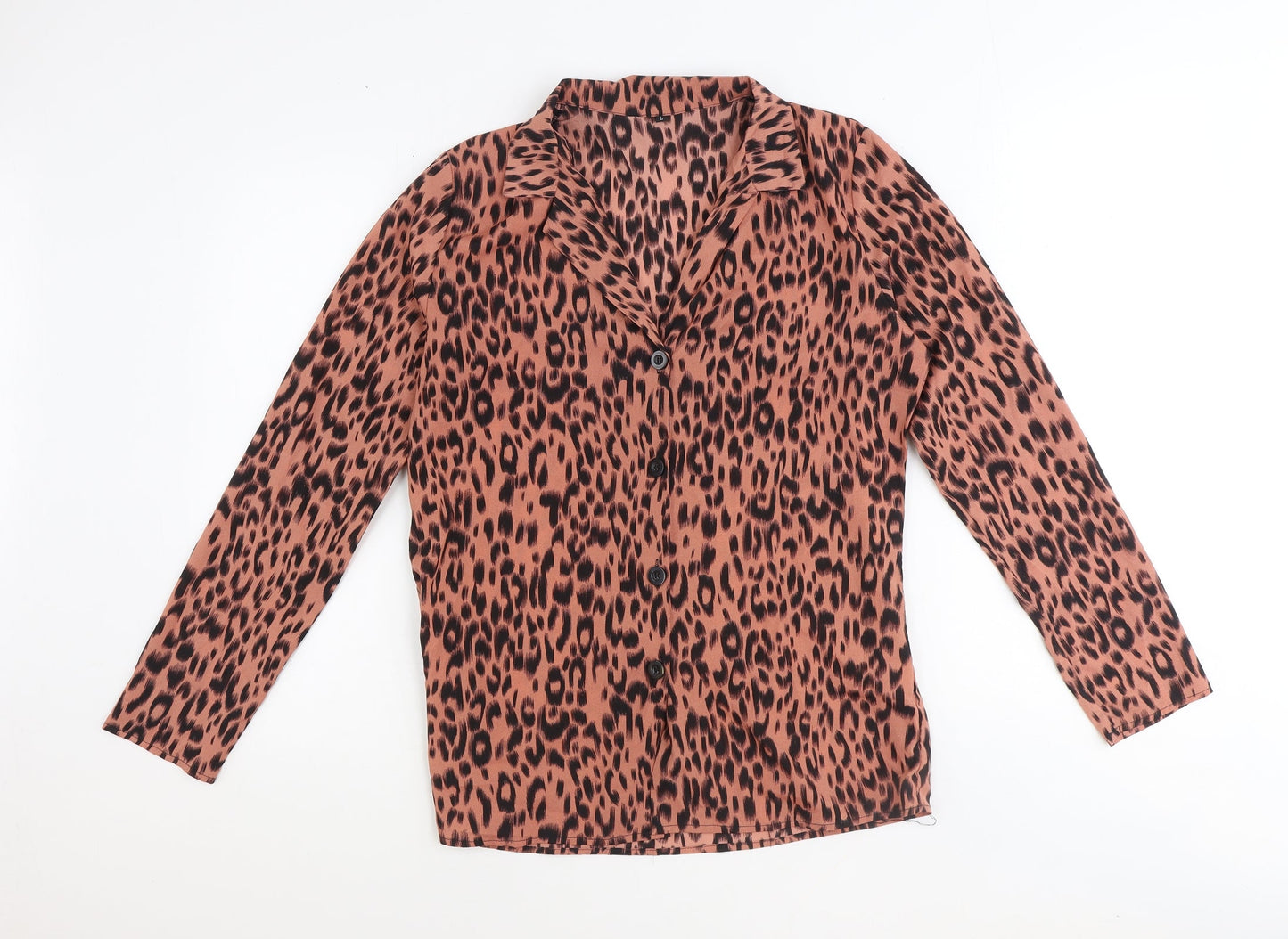 Preworn Womens Brown Animal Print Polyester Basic Button-Up Size L Collared - Leopard print