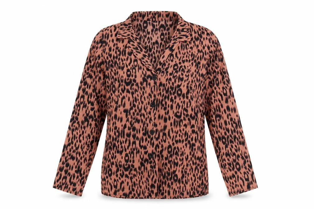 Preworn Womens Brown Animal Print Polyester Basic Button-Up Size L Collared - Leopard print
