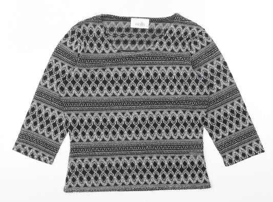 Wallis Womens Black Geometric Polyester Basic Blouse Size 14 Scoop Neck