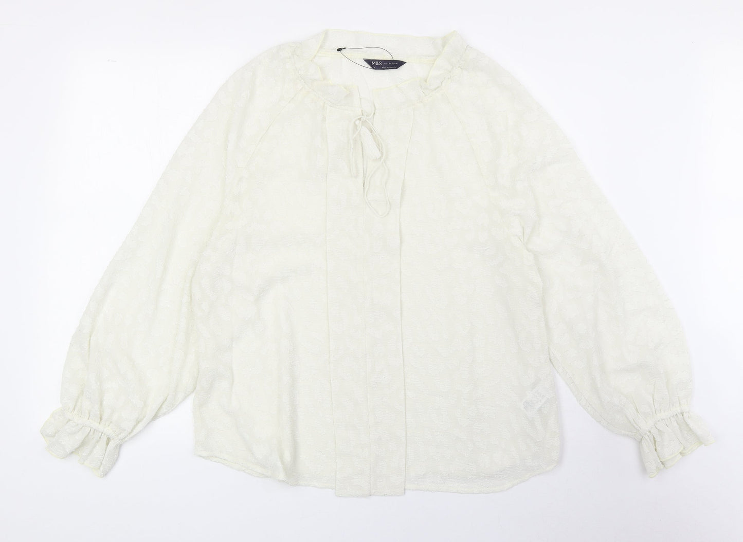 Marks and Spencer Womens Ivory Animal Print Polyester Basic Blouse Size 14 Scoop Neck - Leopard Print Tie Neck Detail