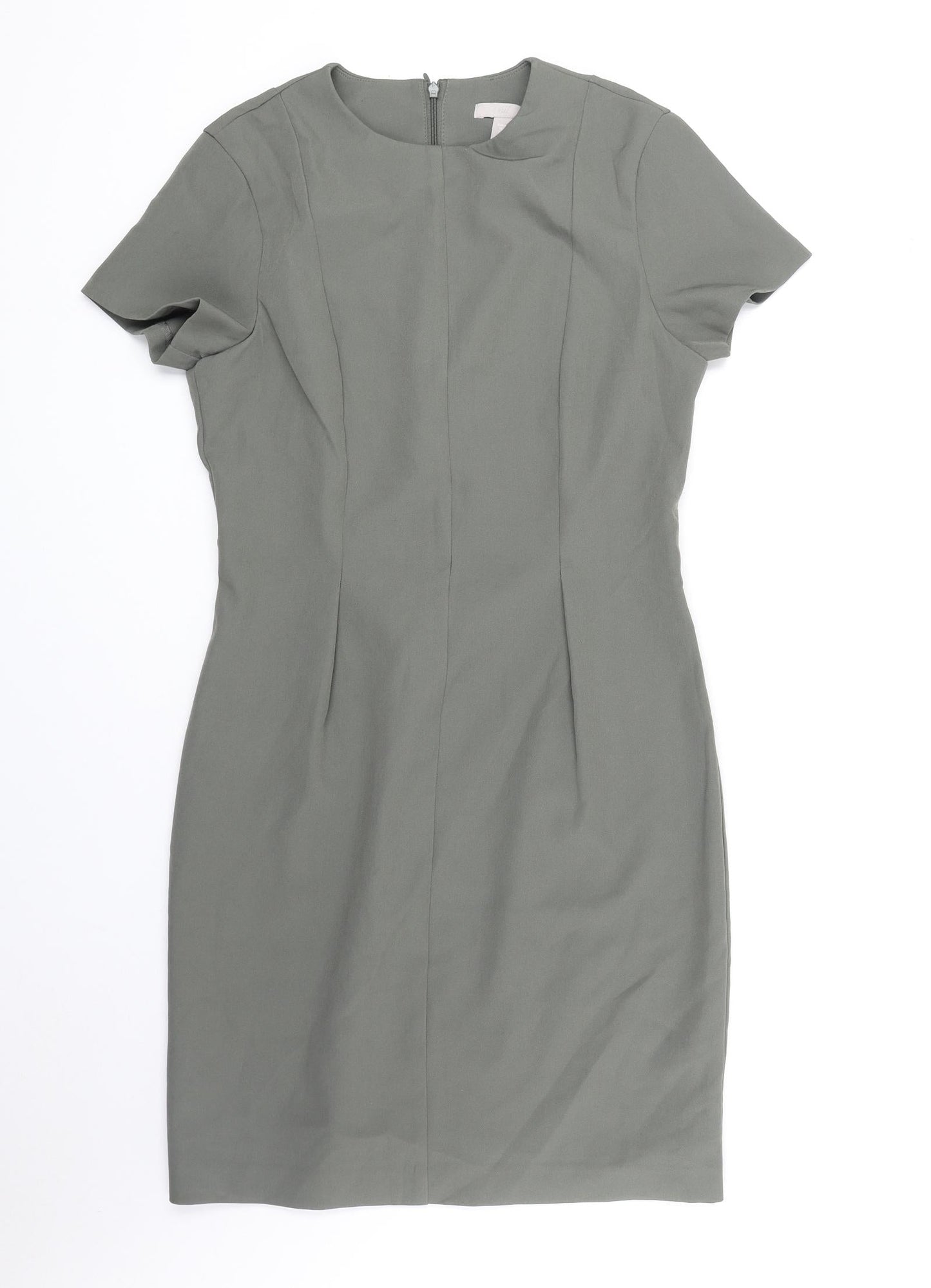 H&M Womens Green Polyester Shift Size 12 Round Neck Zip