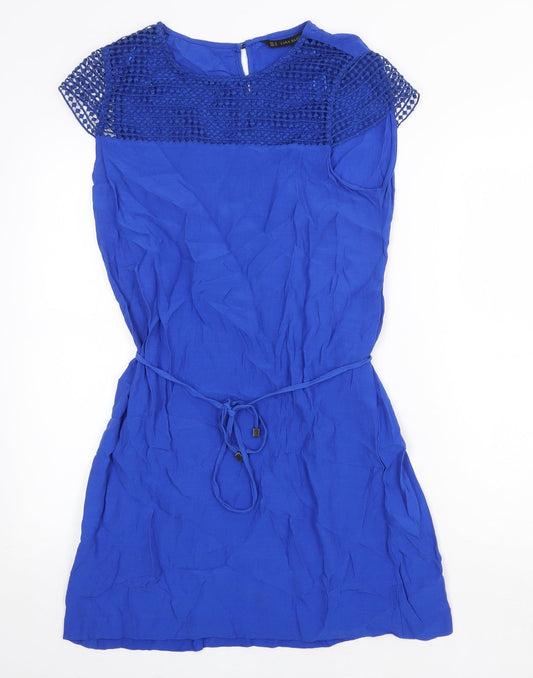 Zara Womens Blue Polyester A-Line Size M Round Neck Tie
