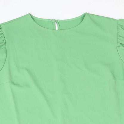 Preworn Womens Green Polyester Basic Blouse Size 14 Round Neck