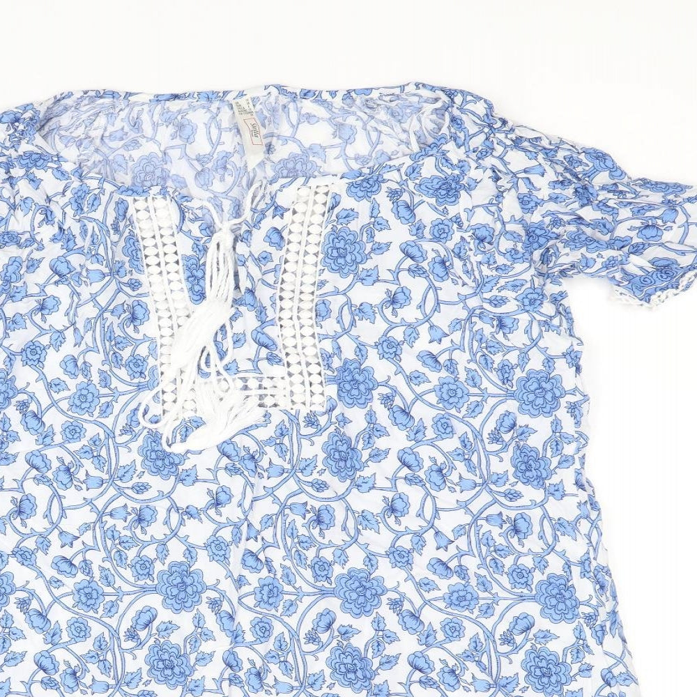 Stella Womens Blue Floral Viscose A-Line Size 10 Boat Neck Tie