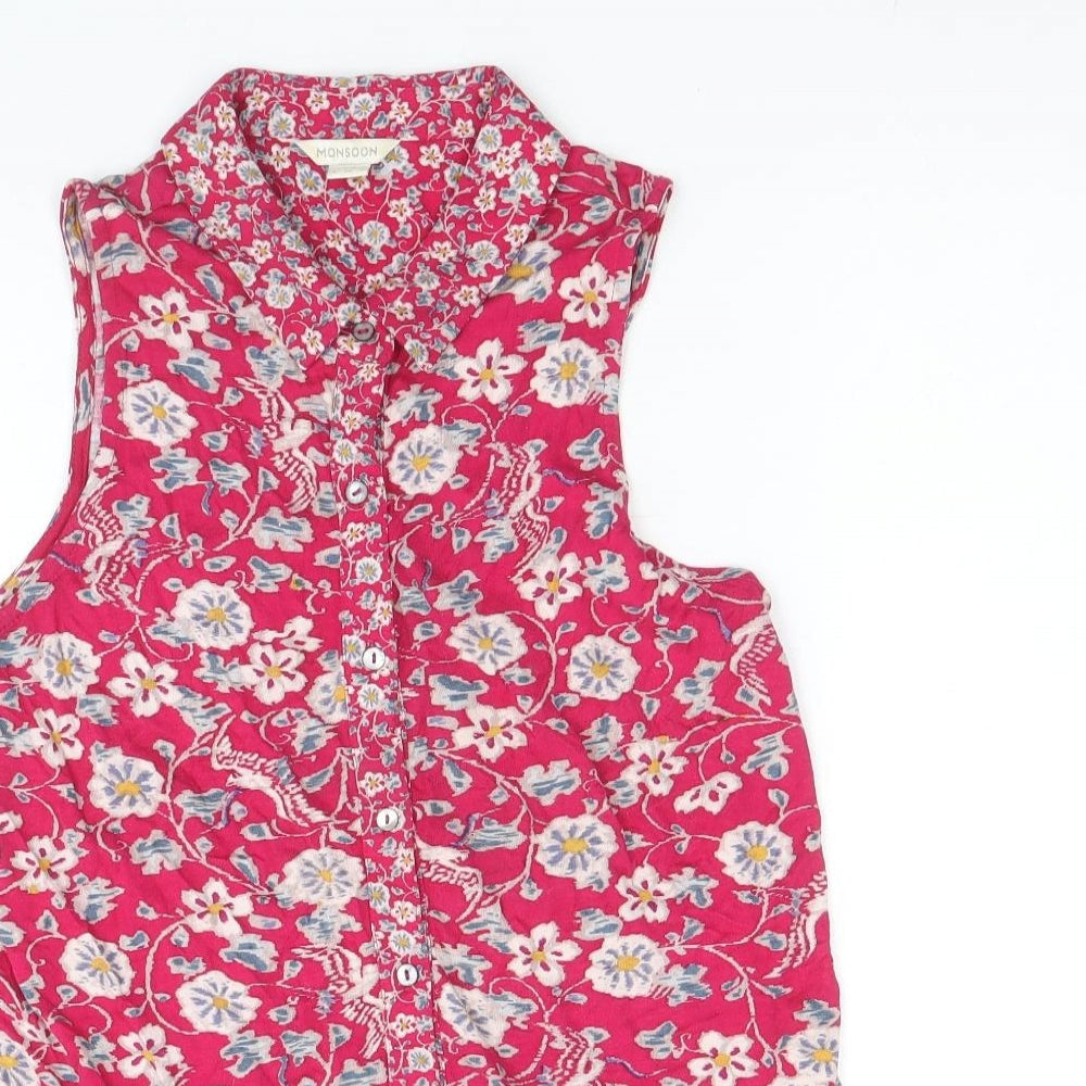 Monsoon Womens Pink Floral Viscose Basic Button-Up Size 8 Collared