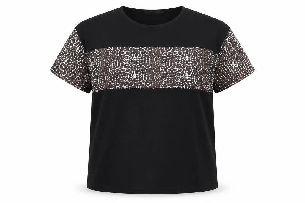 I SAW IT FIRST Womens Black Polyester Basic T-Shirt Size 10 Round Neck - Leopard Pattern