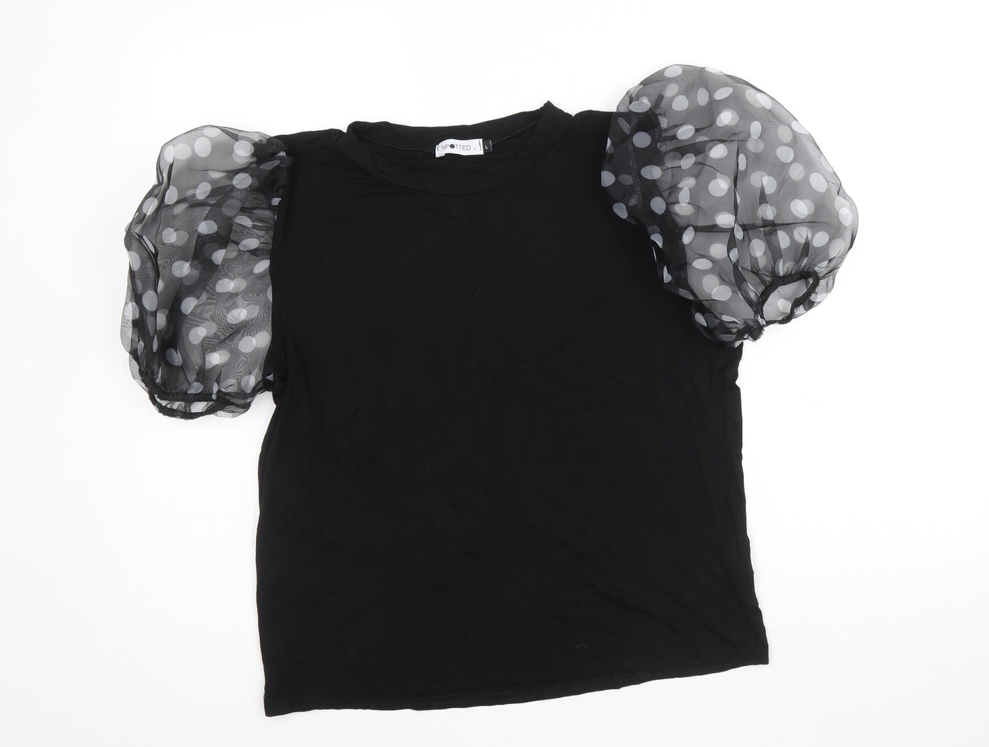 Spotted Womens Black Viscose Basic Blouse Size L Round Neck