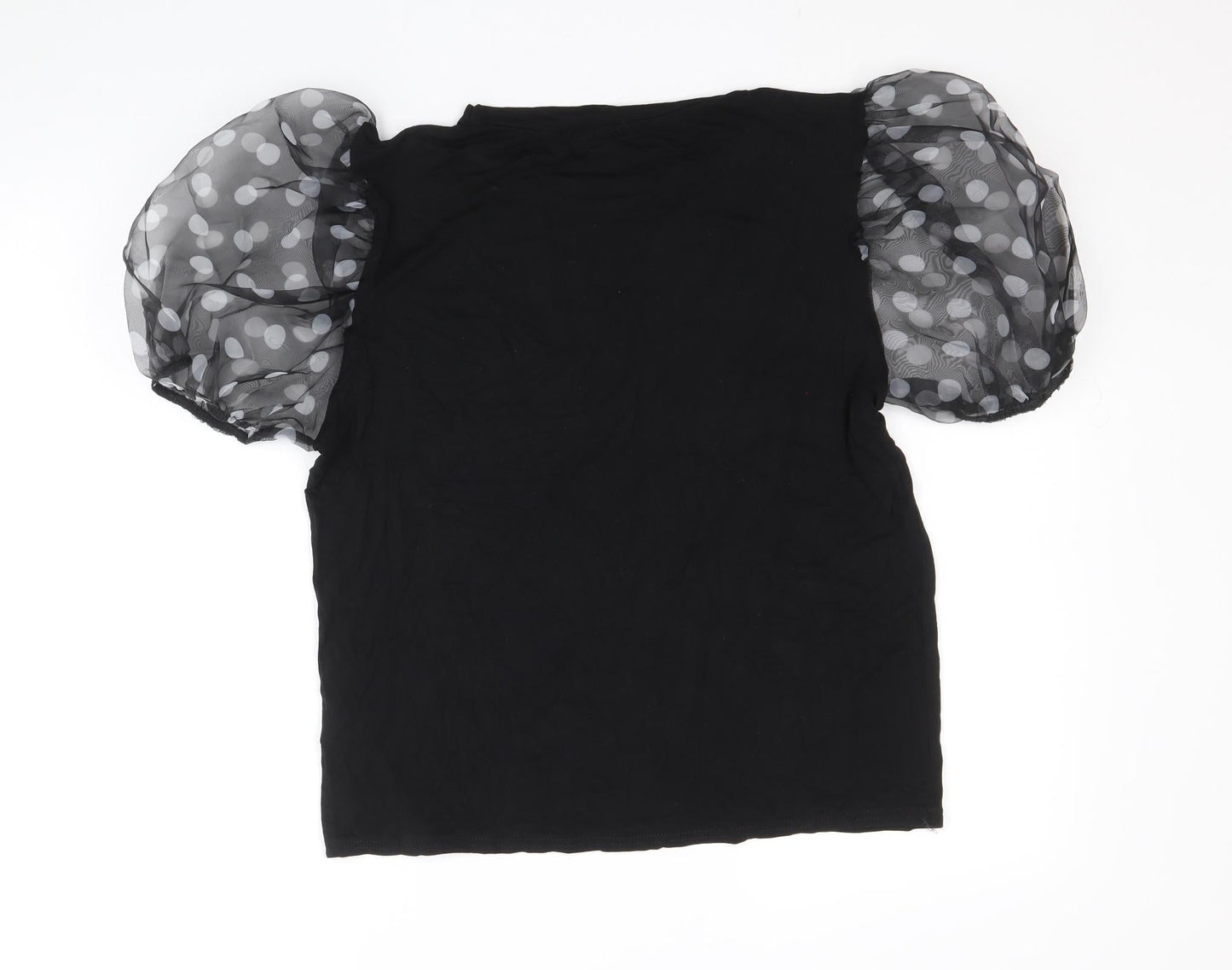 Spotted Womens Black Viscose Basic Blouse Size L Round Neck