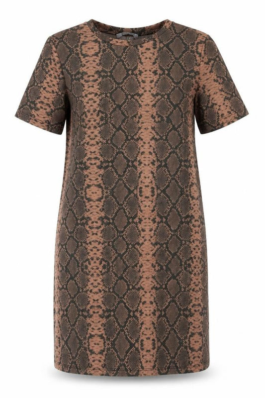 Zara Womens Brown Animal Print Polyester T-Shirt Dress Size M Boat Neck Pullover - Snake Print