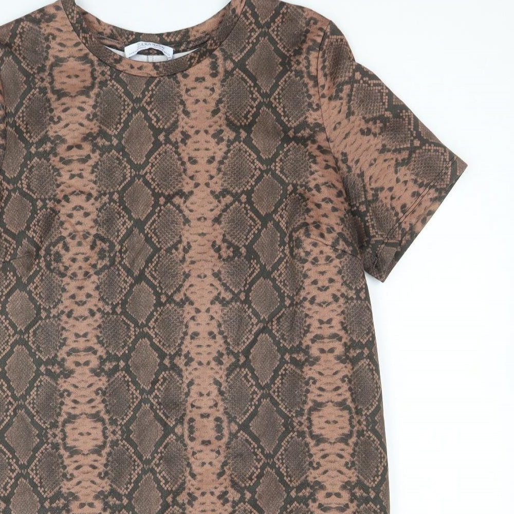 Zara Womens Brown Animal Print Polyester T-Shirt Dress Size M Boat Neck Pullover - Snake Print