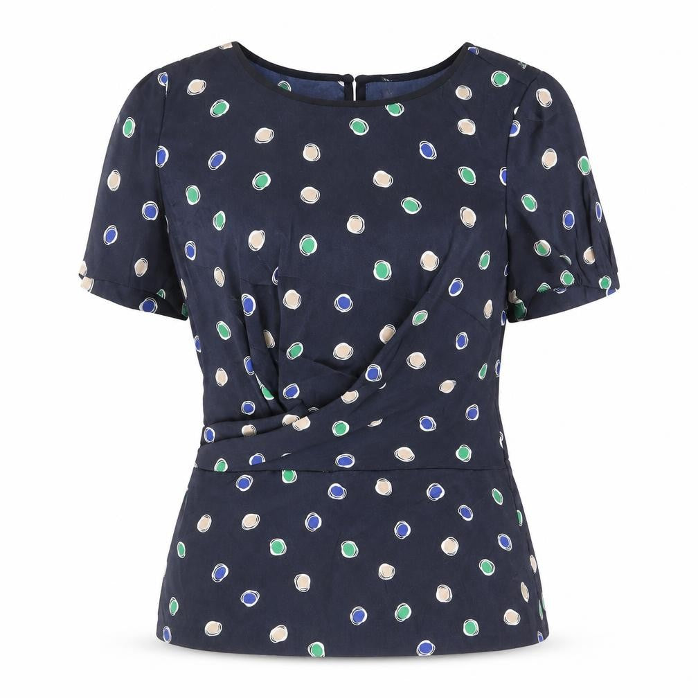 Clements Ribeiro Womens Black Polka Dot Polyester Basic Blouse Size 12 Boat Neck - Front Pleat Detail