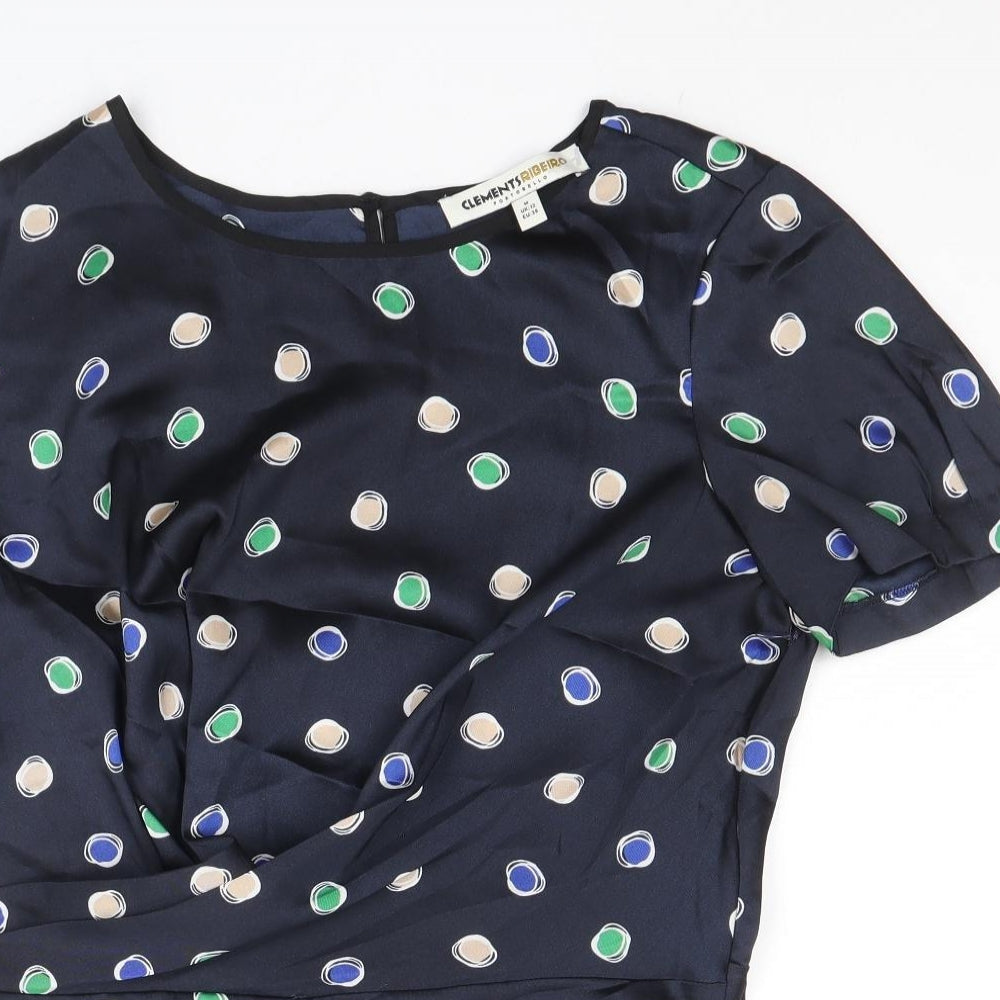 Clements Ribeiro Womens Black Polka Dot Polyester Basic Blouse Size 12 Boat Neck - Front Pleat Detail