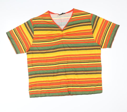 Fashion Clothing Line Womens Multicoloured Striped Viscose Basic T-Shirt Size XL V-Neck
