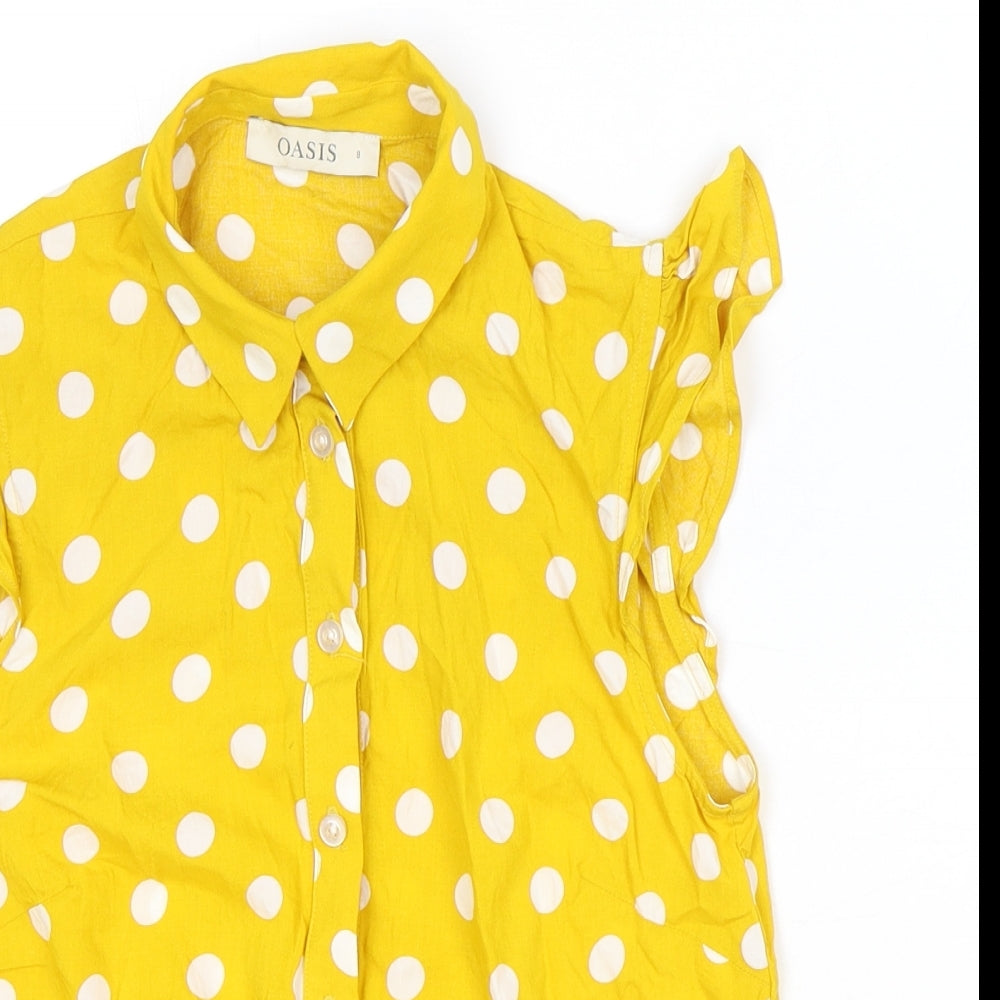 Oasis Womens Yellow Polka Dot Viscose Basic Button-Up Size 8 Collared