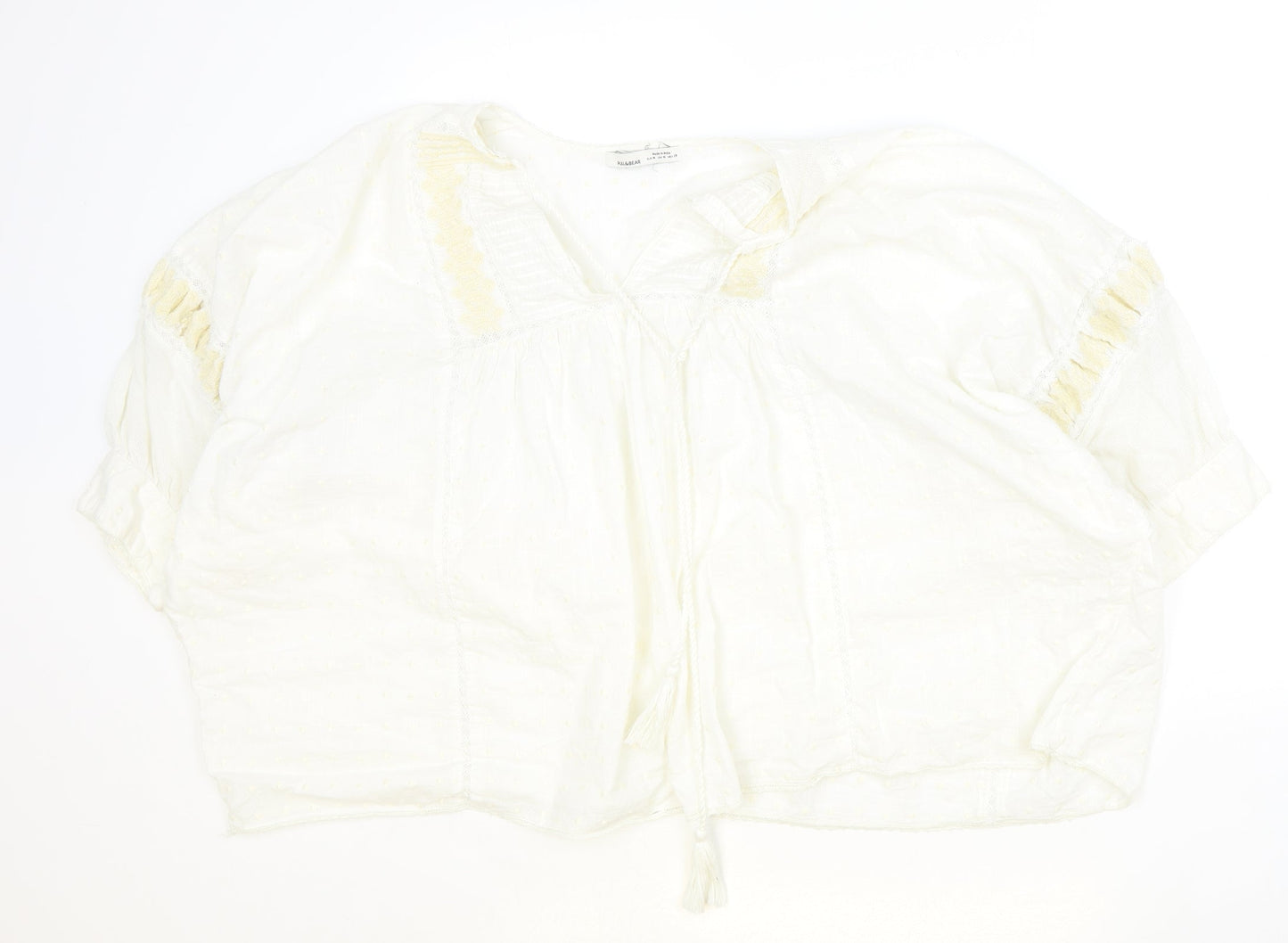 Pull&Bear Womens Ivory Cotton Basic Blouse Size M V-Neck
