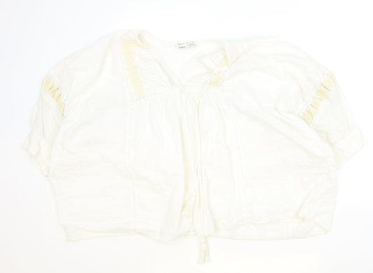 Pull&Bear Womens Ivory Cotton Basic Blouse Size M V-Neck