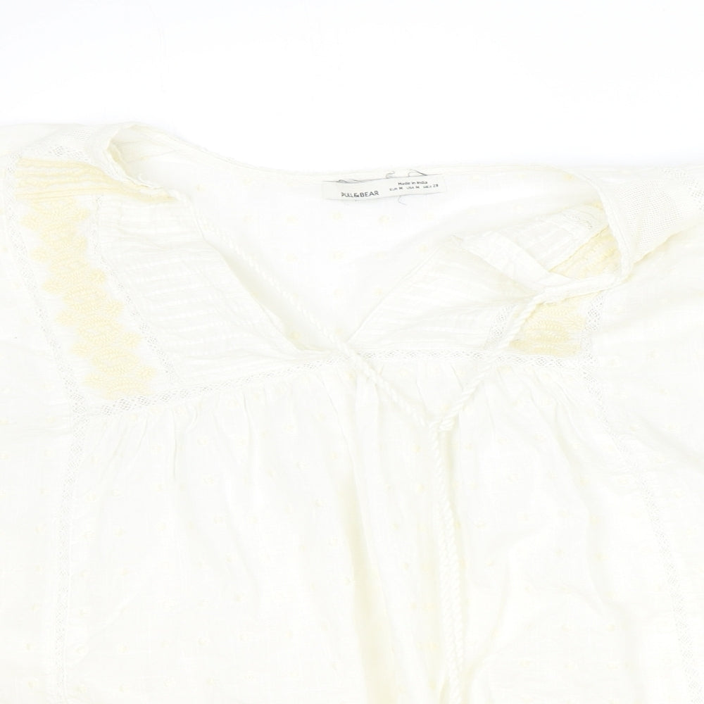 Pull&Bear Womens Ivory Cotton Basic Blouse Size M V-Neck