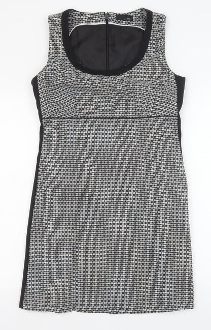 Next Womens Black Geometric Viscose Shift Size 12 Scoop Neck Zip