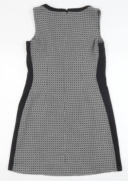 Next Womens Black Geometric Viscose Shift Size 12 Scoop Neck Zip