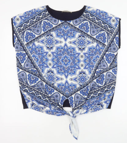 Oasis Womens Blue Geometric Viscose Basic Blouse Size M Round Neck - Knot Front
