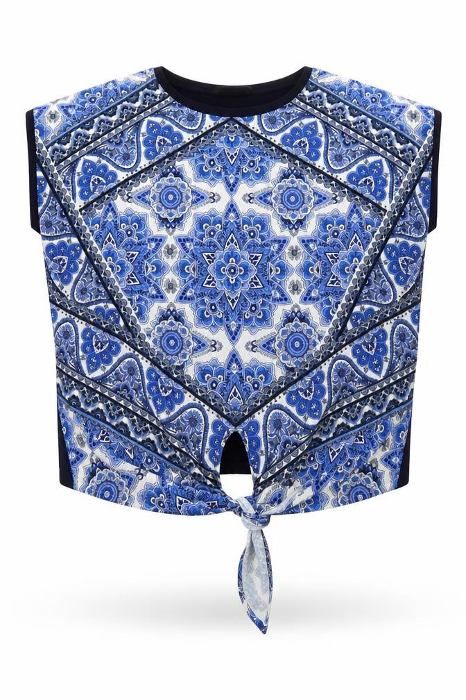 Oasis Womens Blue Geometric Viscose Basic Blouse Size M Round Neck - Knot Front