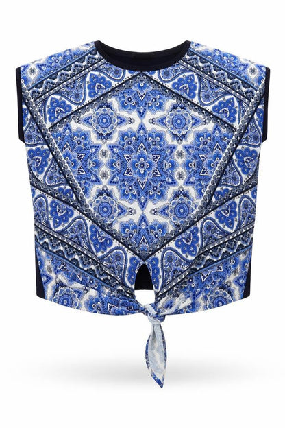 Oasis Womens Blue Geometric Viscose Basic Blouse Size M Round Neck - Knot Front