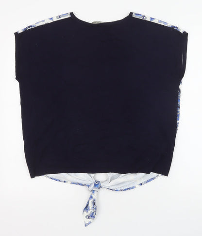 Oasis Womens Blue Geometric Viscose Basic Blouse Size M Round Neck - Knot Front