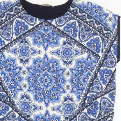 Oasis Womens Blue Geometric Viscose Basic Blouse Size M Round Neck - Knot Front
