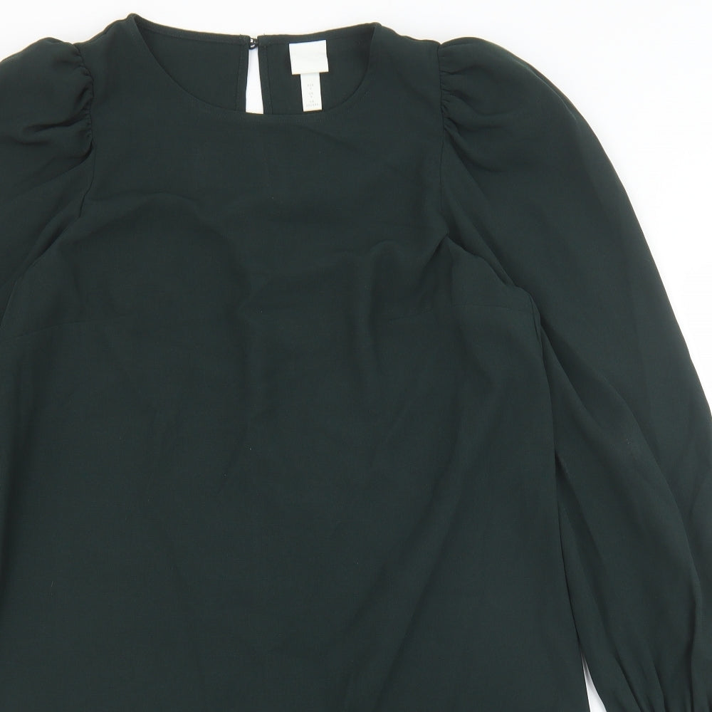 H&M Womens Green Polyester Shift Size S Round Neck Button