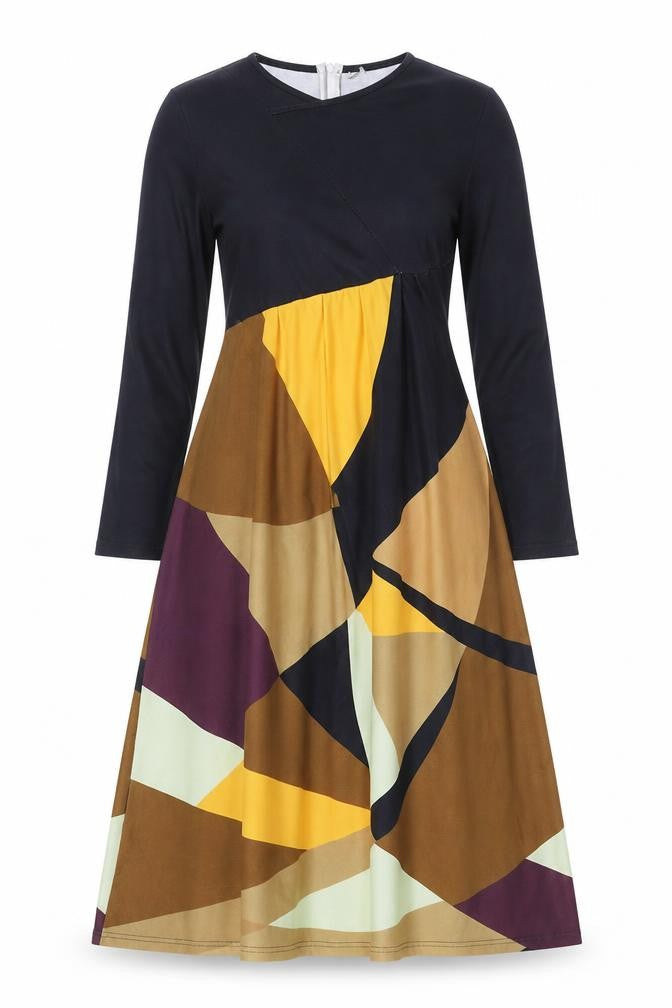 Preworn Womens Multicoloured Geometric Polyester Fit & Flare Size S V-Neck Zip
