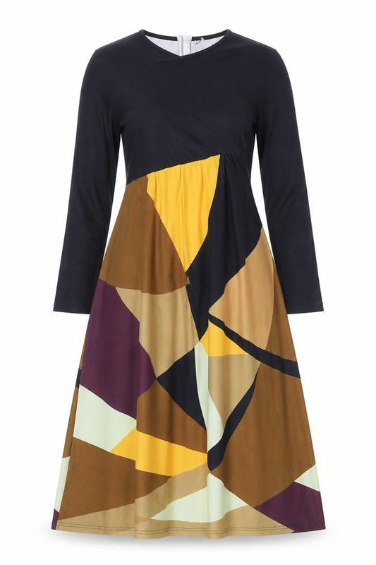 Womens Multicoloured Geometric Polyester Fit & Flare Size S V-Neck Zip