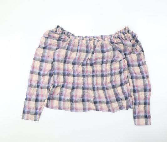 NEXT Womens Purple Plaid 100% Cotton Cropped Blouse Size 20 Off the Shoulder