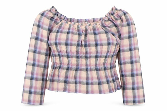 NEXT Womens Purple Plaid 100% Cotton Cropped Blouse Size 20 Off the Shoulder