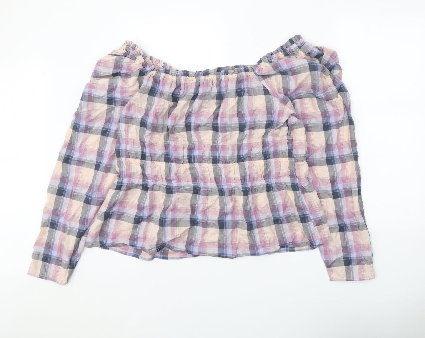 NEXT Womens Purple Plaid 100% Cotton Cropped Blouse Size 20 Off the Shoulder