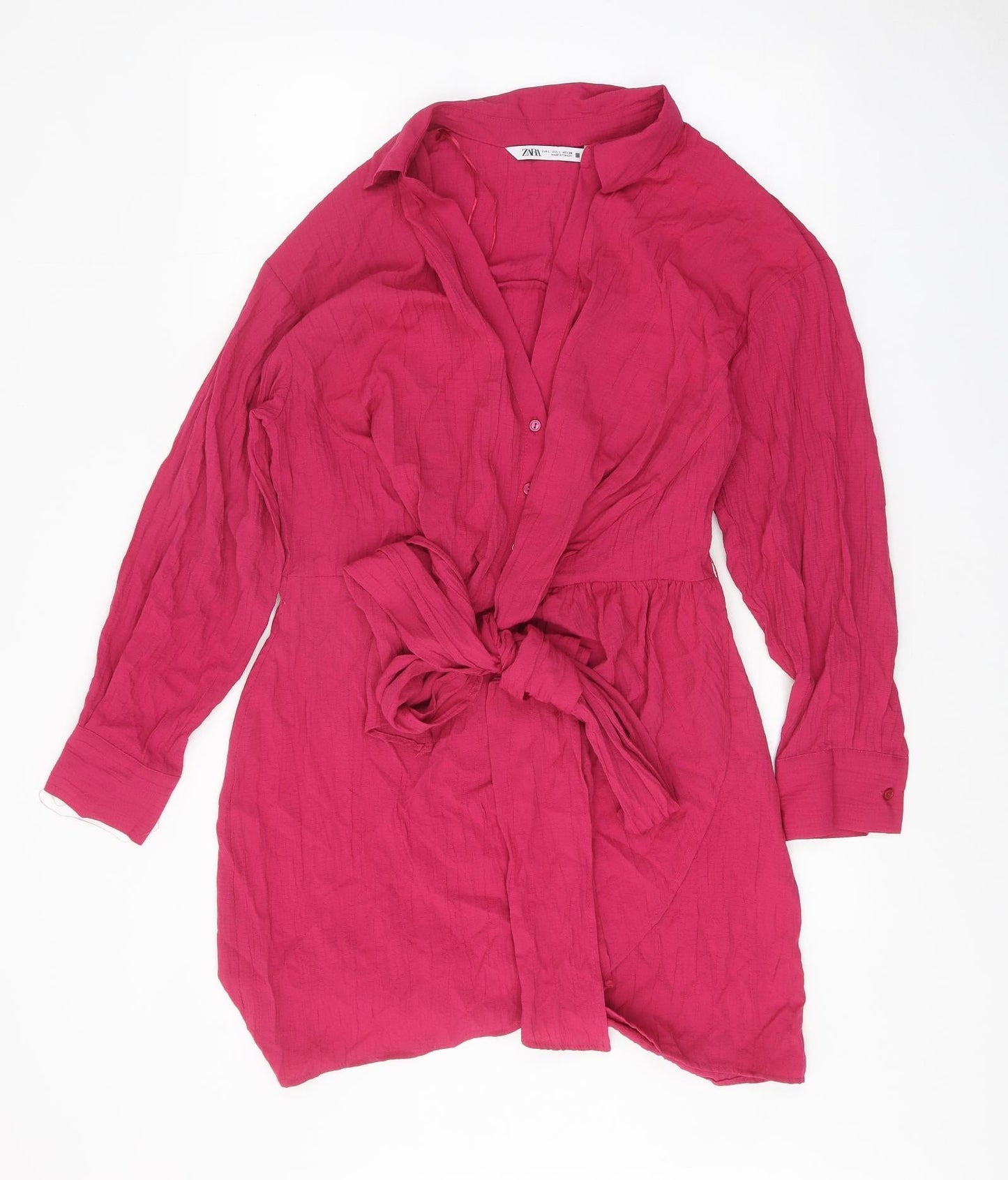 Zara Womens Pink Viscose Shirt Dress Size L Collared Tie - Tie Front Detail