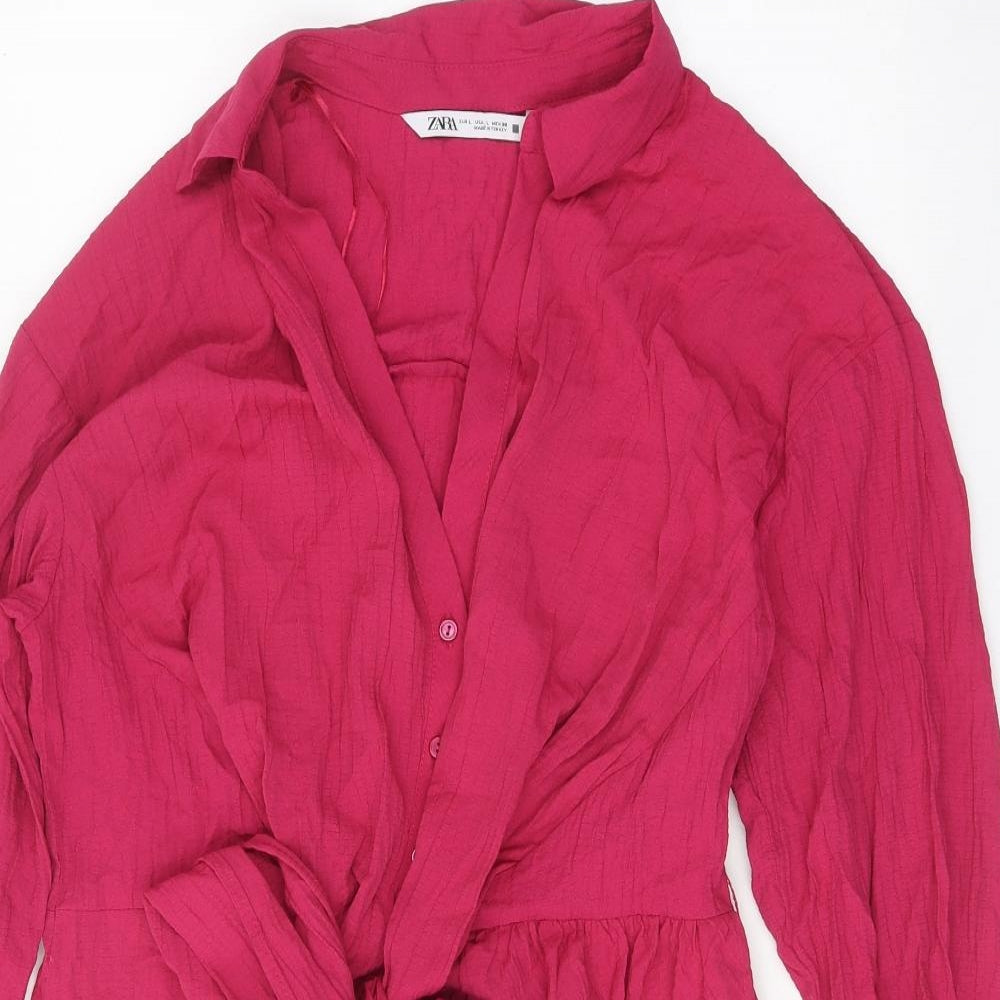 Zara Womens Pink Viscose Shirt Dress Size L Collared Tie - Tie Front Detail