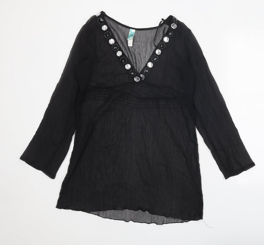 Ocean Club Womens Black Polyester Tunic Blouse Size 8 V-Neck - Embellished Neckline